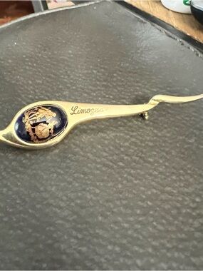 Limoges Gold-Tone Pin Brooch with Blue Enamel Medallion